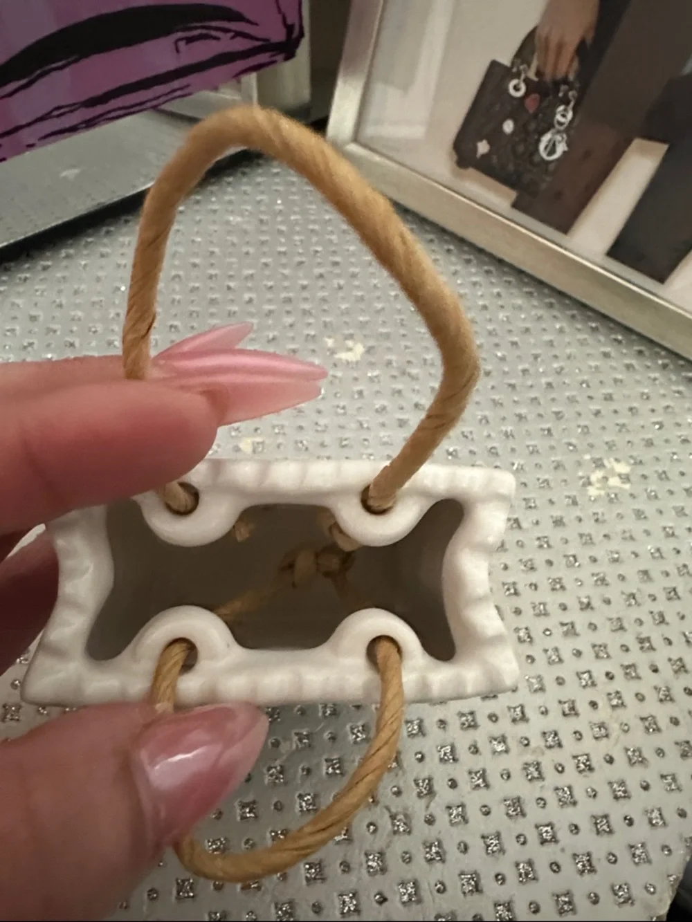 Starbucks White Mini Ceramic Gift Bag with Green Logo and Brown Rope Handles